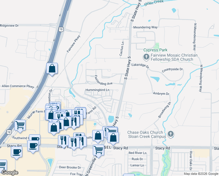 map of restaurants, bars, coffee shops, grocery stores, and more near 5717 Hummingbird Lane in Fairview