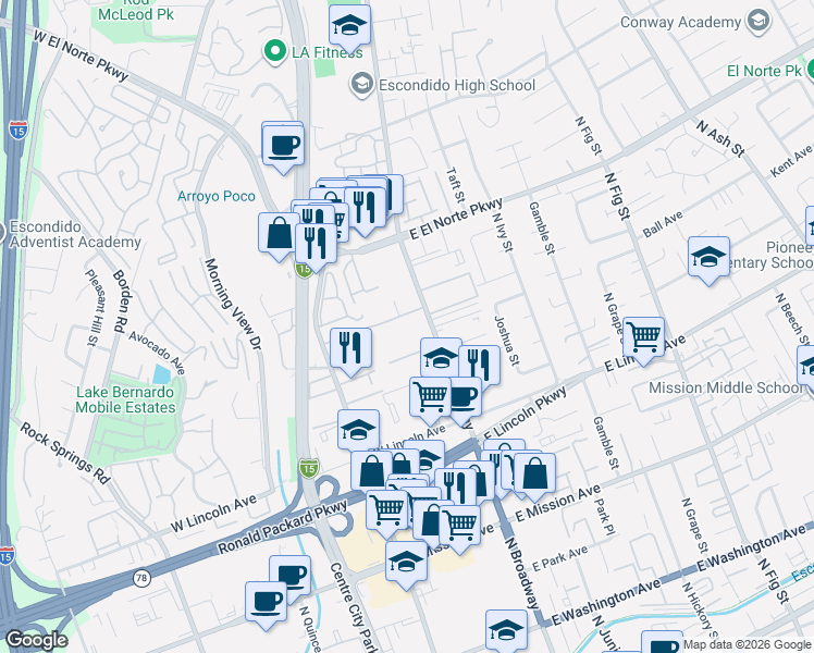 map of restaurants, bars, coffee shops, grocery stores, and more near 1141 North Broadway in Escondido
