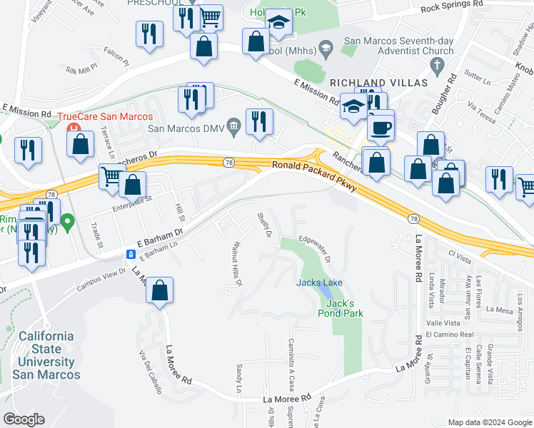 map of restaurants, bars, coffee shops, grocery stores, and more near 366 Edgewater Drive in San Marcos