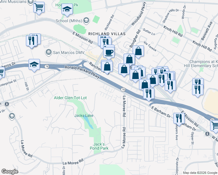 map of restaurants, bars, coffee shops, grocery stores, and more near 1814 Mountain Laurel Road in San Marcos