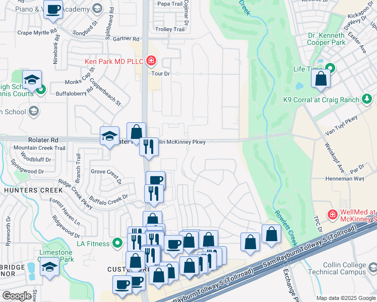 map of restaurants, bars, coffee shops, grocery stores, and more near Piper Glen Road in McKinney