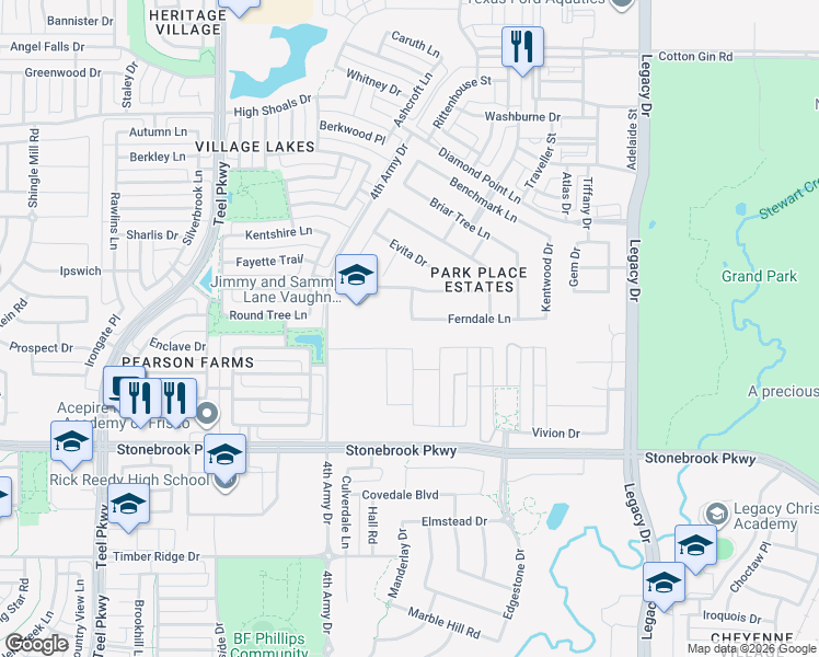 map of restaurants, bars, coffee shops, grocery stores, and more near 3705 Ferndale Lane in Frisco