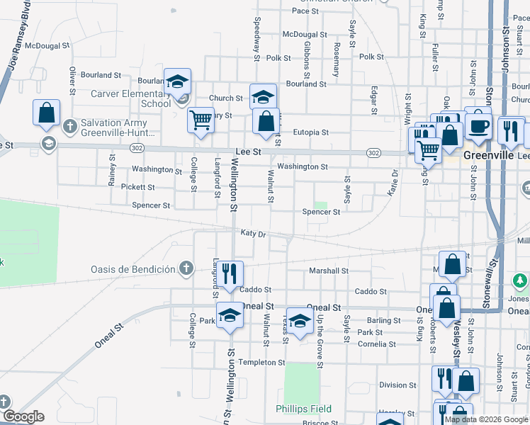 map of restaurants, bars, coffee shops, grocery stores, and more near 2912 Walnut Street in Greenville