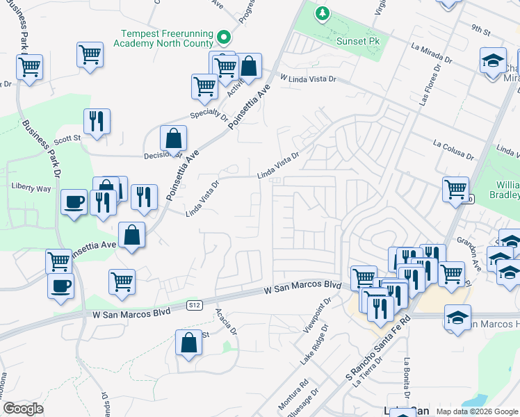 map of restaurants, bars, coffee shops, grocery stores, and more near Hillhaven Drive in San Marcos