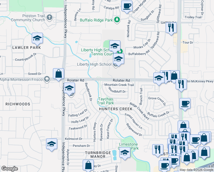 map of restaurants, bars, coffee shops, grocery stores, and more near 15055 Woodbluff Drive in Frisco