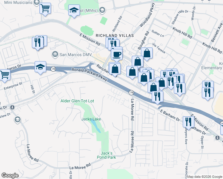 map of restaurants, bars, coffee shops, grocery stores, and more near 943 East Barham Drive in San Marcos