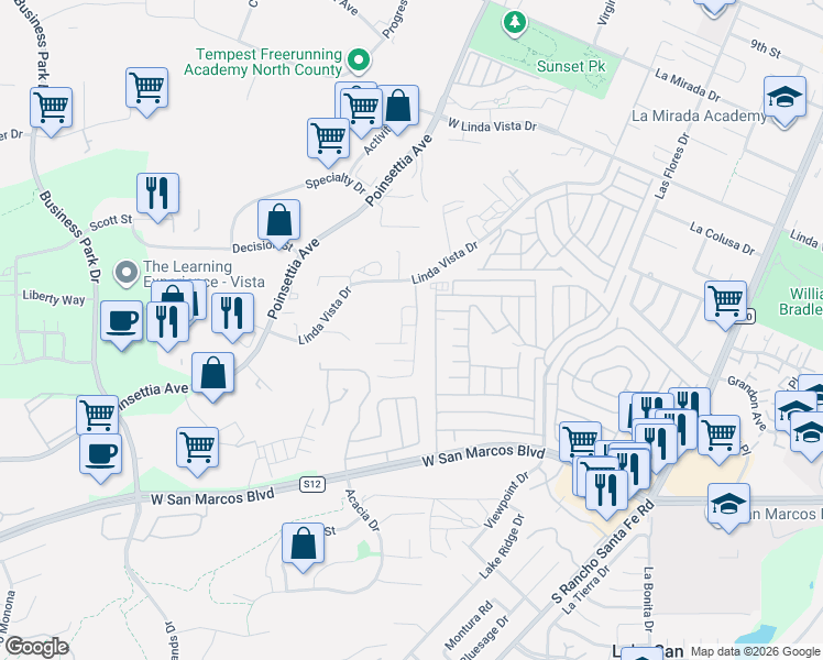map of restaurants, bars, coffee shops, grocery stores, and more near 630 Hillhaven Drive in San Marcos