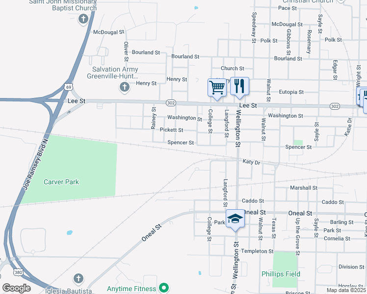 map of restaurants, bars, coffee shops, grocery stores, and more near 4509 Spencer Street in Greenville