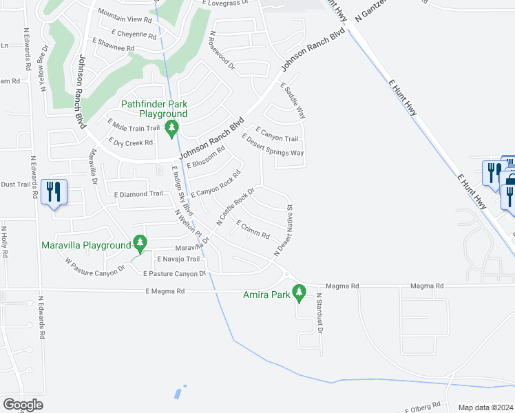 map of restaurants, bars, coffee shops, grocery stores, and more near 1033 East Nickleback Street in Queen Creek