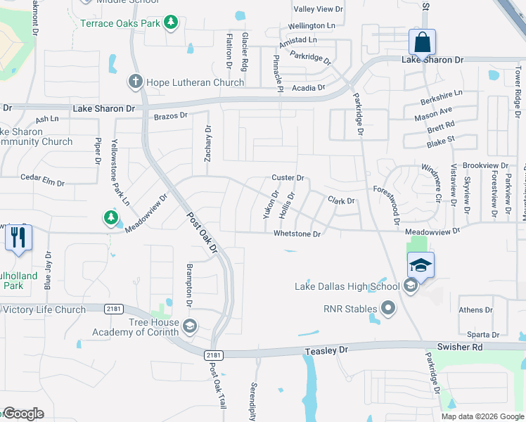 map of restaurants, bars, coffee shops, grocery stores, and more near 2910 Yukon Drive in Corinth