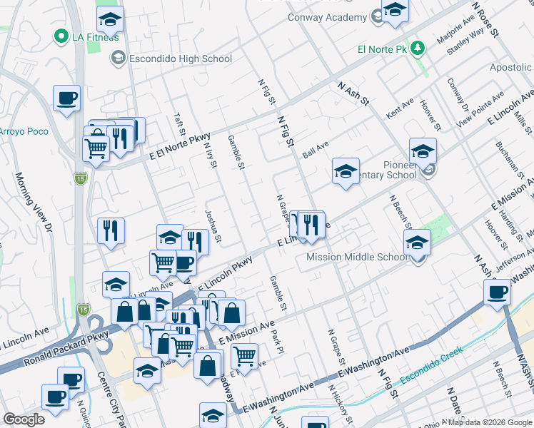 map of restaurants, bars, coffee shops, grocery stores, and more near 1045 Gamble Street in Escondido