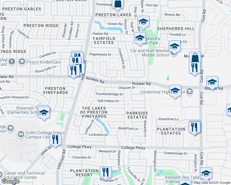 map of restaurants, bars, coffee shops, grocery stores, and more near 11451 Fountainbridge Drive in Frisco