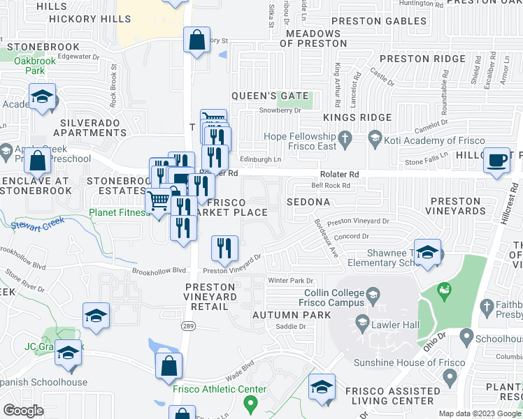 map of restaurants, bars, coffee shops, grocery stores, and more near 9425 Rolater Road in Frisco