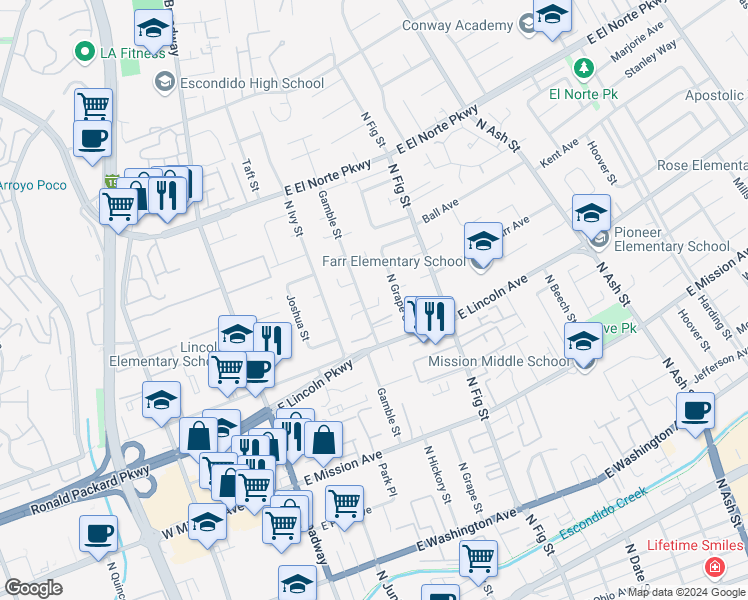 map of restaurants, bars, coffee shops, grocery stores, and more near 1045 Gamble Street in Escondido