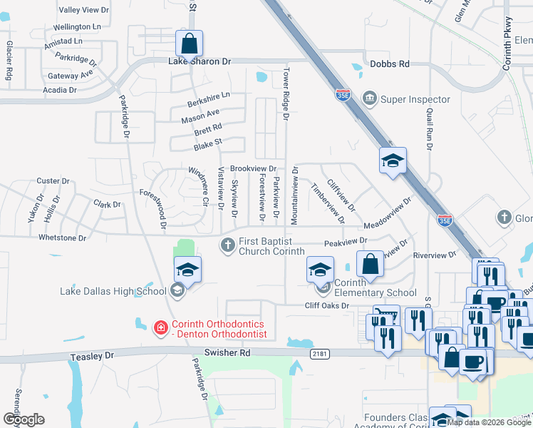 map of restaurants, bars, coffee shops, grocery stores, and more near 2712 Forestview Drive in Corinth