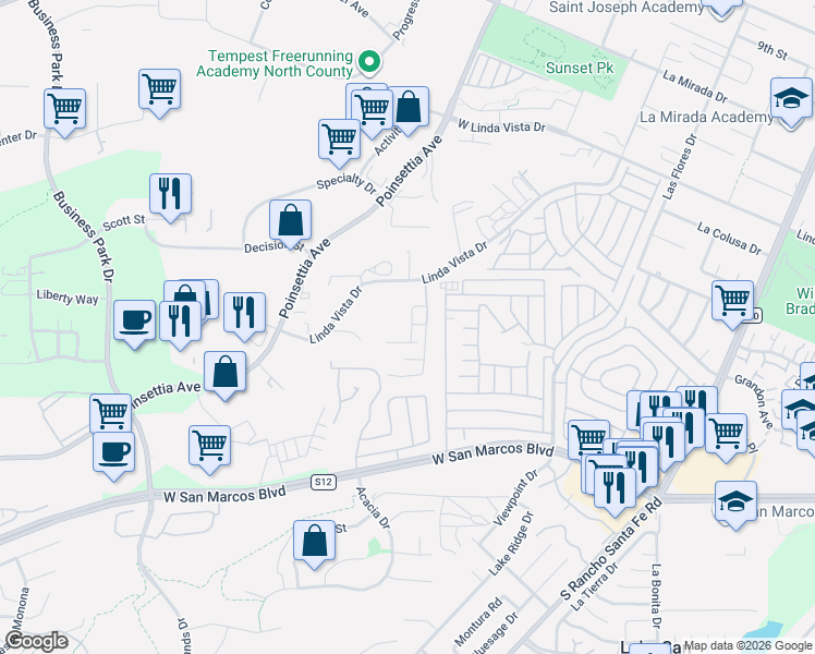 map of restaurants, bars, coffee shops, grocery stores, and more near 3362 Edgeview Street in San Marcos