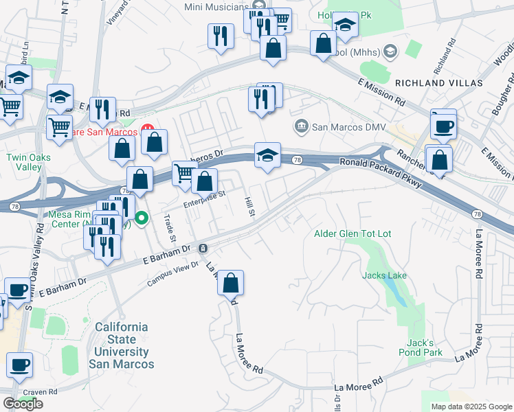 map of restaurants, bars, coffee shops, grocery stores, and more near 506 East Barham Drive in San Marcos