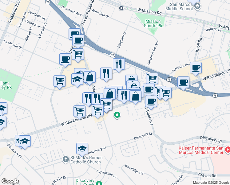 map of restaurants, bars, coffee shops, grocery stores, and more near 920 Boardwalk in San Marcos