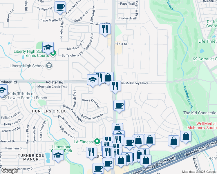 map of restaurants, bars, coffee shops, grocery stores, and more near 7215 Custer Road in Frisco