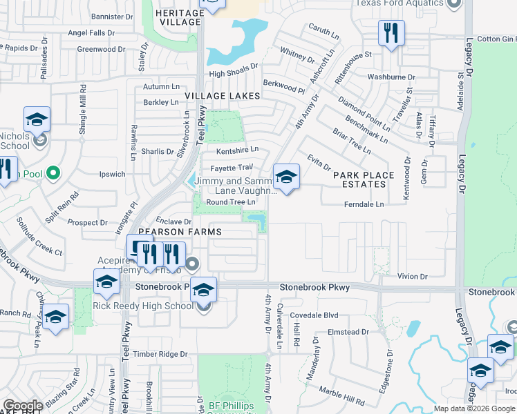map of restaurants, bars, coffee shops, grocery stores, and more near 3293 Round Tree Lane in Frisco