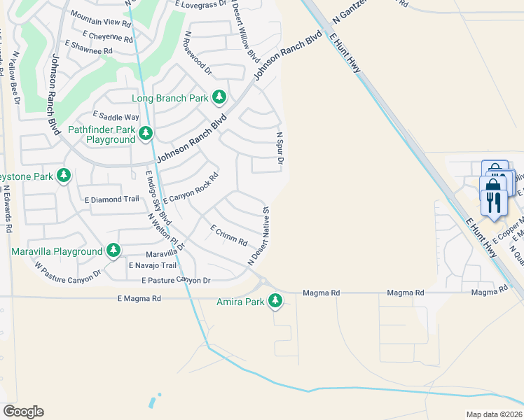map of restaurants, bars, coffee shops, grocery stores, and more near 28319 North Desert Native Street in San Tan Valley