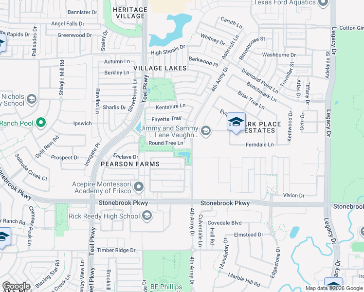 map of restaurants, bars, coffee shops, grocery stores, and more near 3293 Round Tree Lane in Frisco