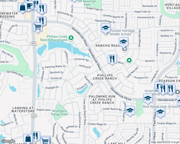 map of restaurants, bars, coffee shops, grocery stores, and more near 1302 Bridle Boulevard in Frisco