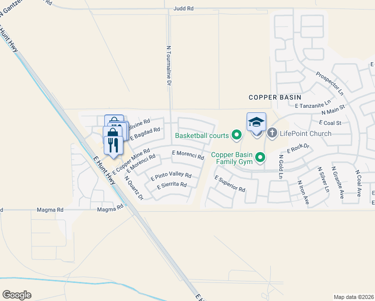 map of restaurants, bars, coffee shops, grocery stores, and more near 3040 East Superior Road in Queen Creek