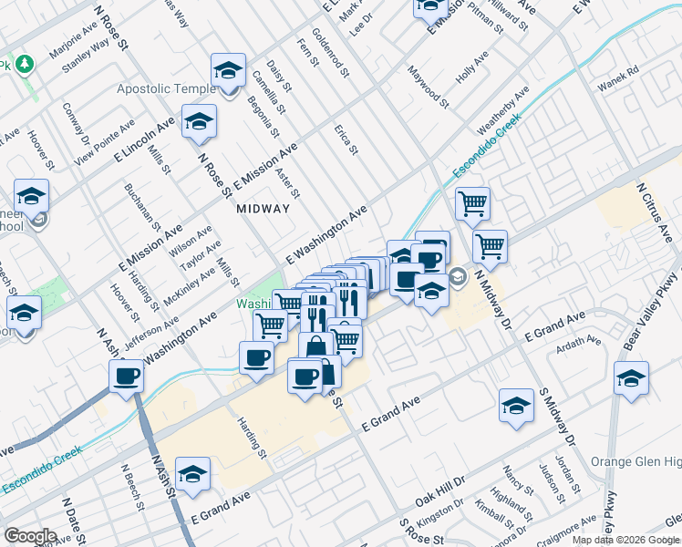map of restaurants, bars, coffee shops, grocery stores, and more near 495 Aster Street in Escondido