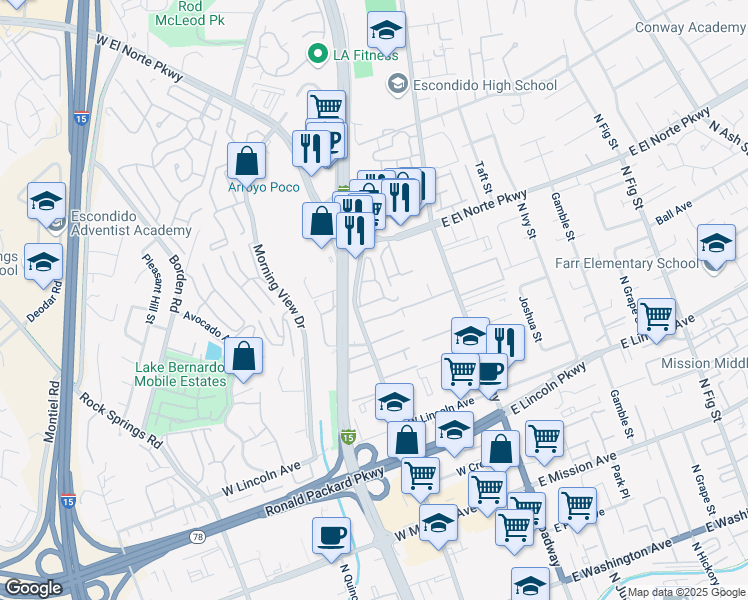 map of restaurants, bars, coffee shops, grocery stores, and more near 250 Espanas Glen in Escondido