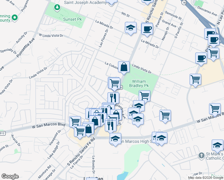 map of restaurants, bars, coffee shops, grocery stores, and more near 544 South Rancho Santa Fe Road in San Marcos