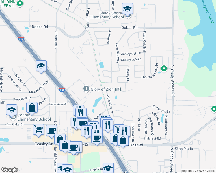 map of restaurants, bars, coffee shops, grocery stores, and more near 4500 Brookside Drive in Corinth
