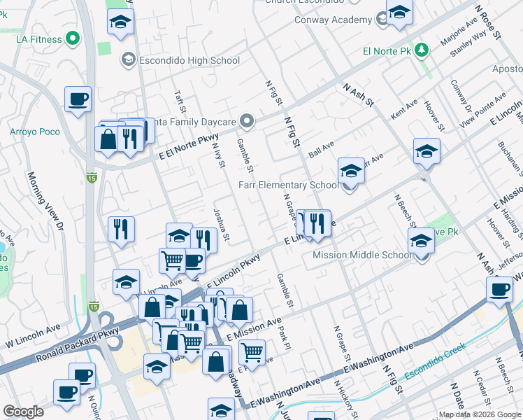 map of restaurants, bars, coffee shops, grocery stores, and more near 1045 Gamble Street in Escondido
