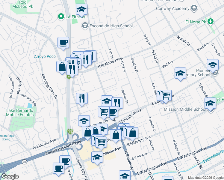 map of restaurants, bars, coffee shops, grocery stores, and more near 1122 North Broadway in Escondido