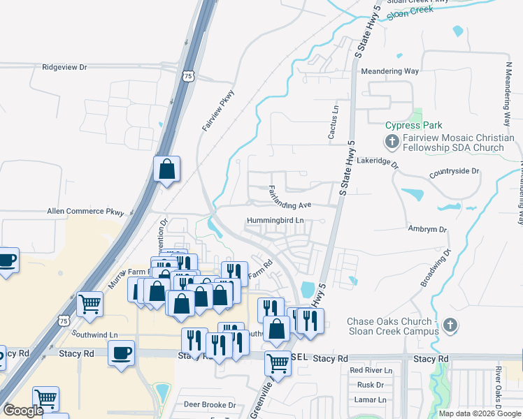 map of restaurants, bars, coffee shops, grocery stores, and more near 5617 Hummingbird Lane in McKinney