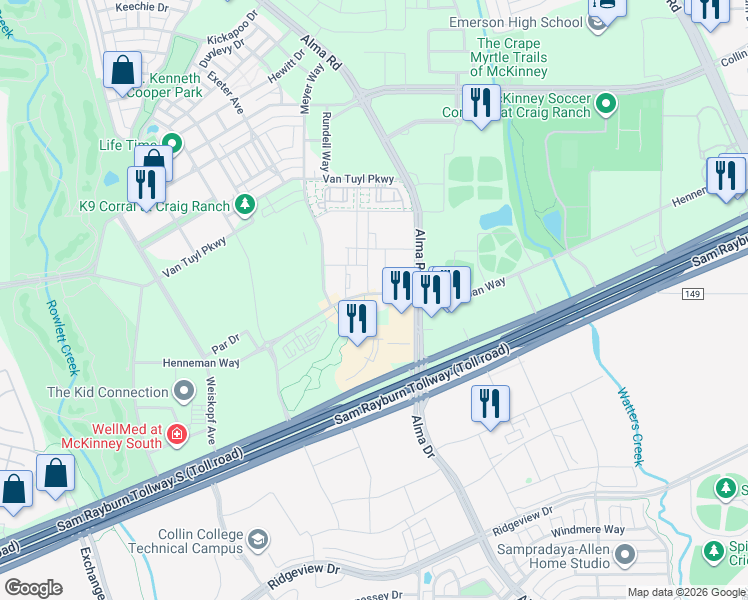 map of restaurants, bars, coffee shops, grocery stores, and more near 7201 Henneman Way in McKinney