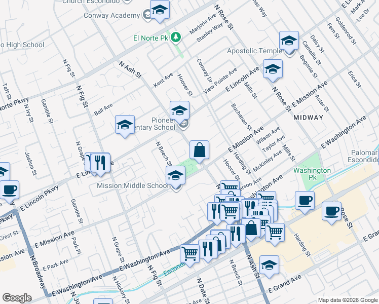 map of restaurants, bars, coffee shops, grocery stores, and more near 1151 Sander Court in Escondido