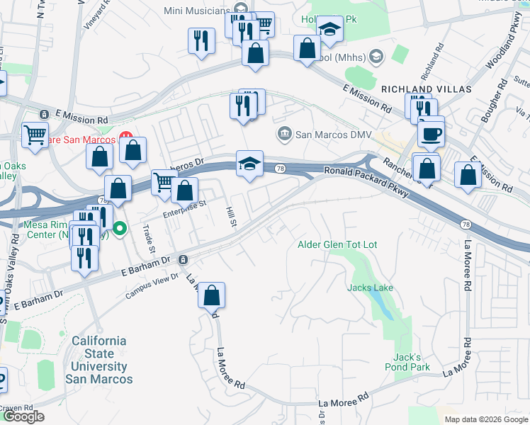 map of restaurants, bars, coffee shops, grocery stores, and more near 134 Walnut Hills Drive in San Marcos