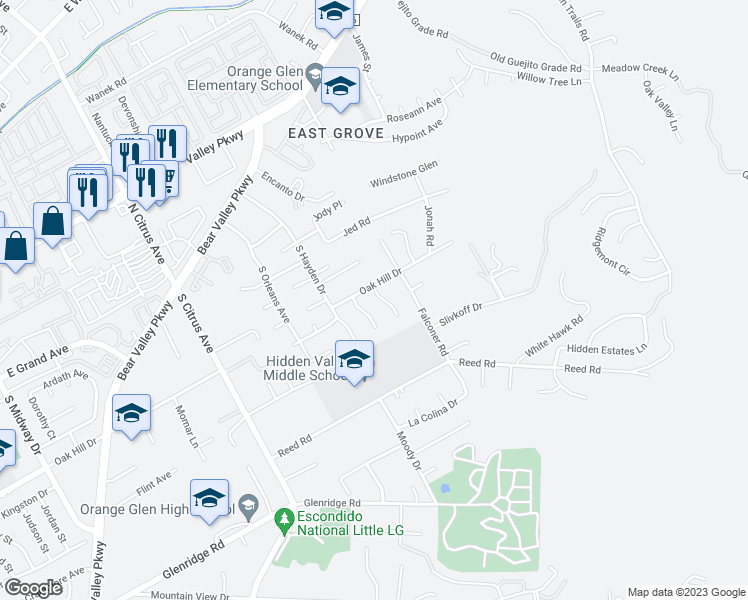 map of restaurants, bars, coffee shops, grocery stores, and more near 519 Meadow Grove Place in Escondido