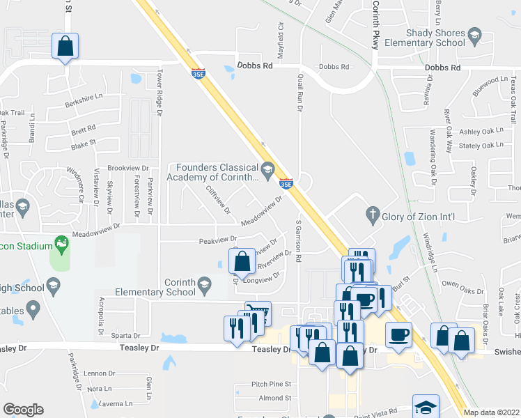 map of restaurants, bars, coffee shops, grocery stores, and more near 3509 Meadowview Drive in Corinth