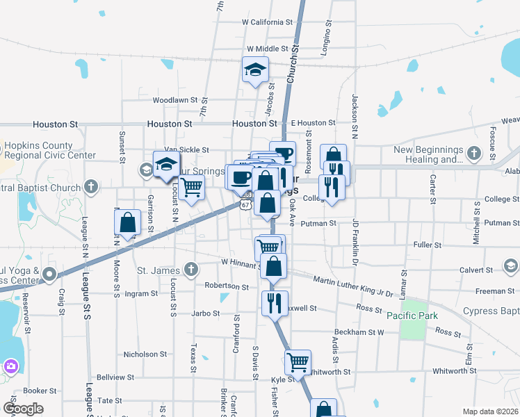 map of restaurants, bars, coffee shops, grocery stores, and more near 128 South Davis Street in Sulphur Springs