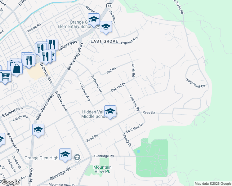 map of restaurants, bars, coffee shops, grocery stores, and more near 519 Meadow Grove Place in Escondido