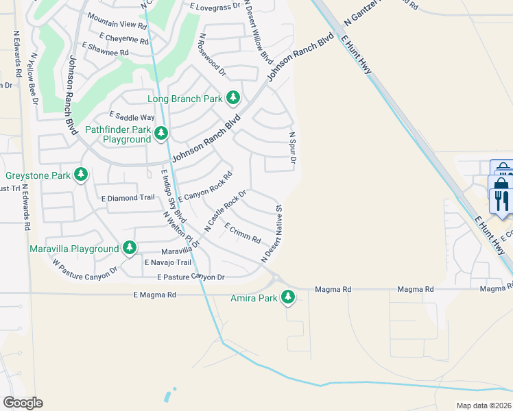 map of restaurants, bars, coffee shops, grocery stores, and more near 1076 East Nickleback Street in San Tan Valley