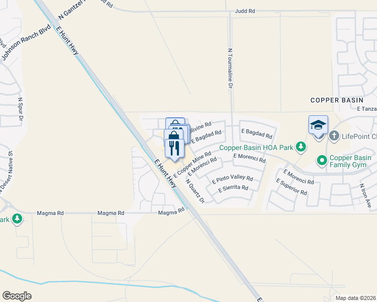 map of restaurants, bars, coffee shops, grocery stores, and more near 2636 East Bagdad Road in Queen Creek