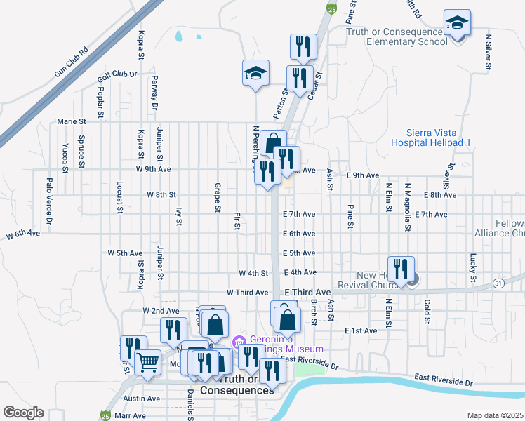 map of restaurants, bars, coffee shops, grocery stores, and more near 715 North Pershing Street in Truth or Consequences