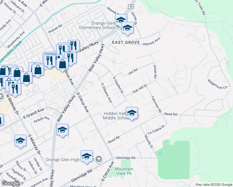 map of restaurants, bars, coffee shops, grocery stores, and more near 328 South Hayden Drive in Escondido