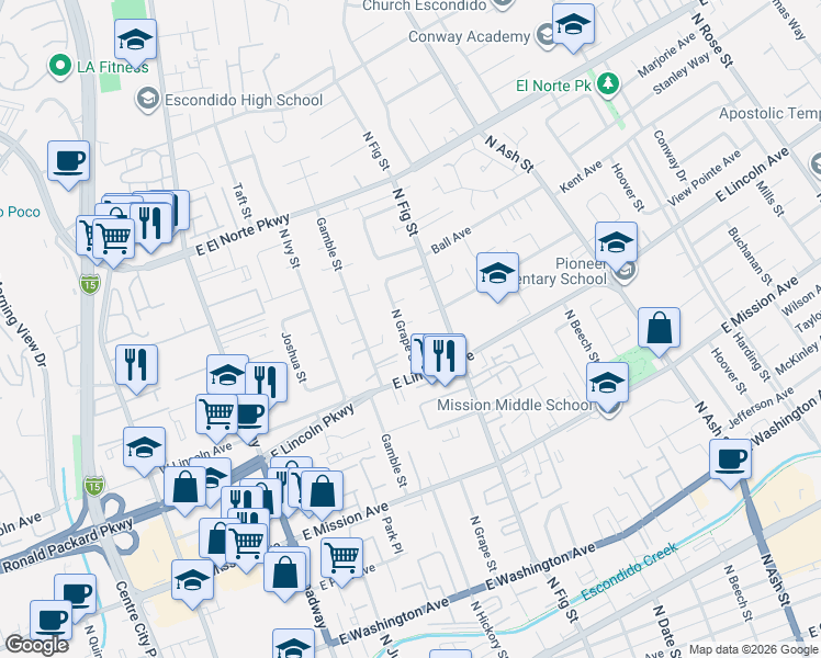 map of restaurants, bars, coffee shops, grocery stores, and more near 1150-1160 North Grape Street in Escondido