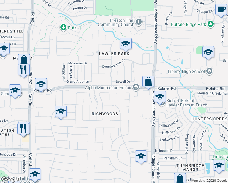 map of restaurants, bars, coffee shops, grocery stores, and more near 13933 Sowell Drive in Frisco