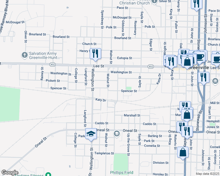 map of restaurants, bars, coffee shops, grocery stores, and more near 3823 Pickett Street in Greenville