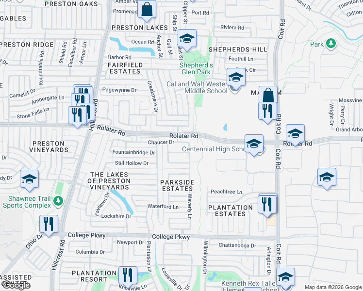 map of restaurants, bars, coffee shops, grocery stores, and more near 11748 Chaucer Drive in Frisco